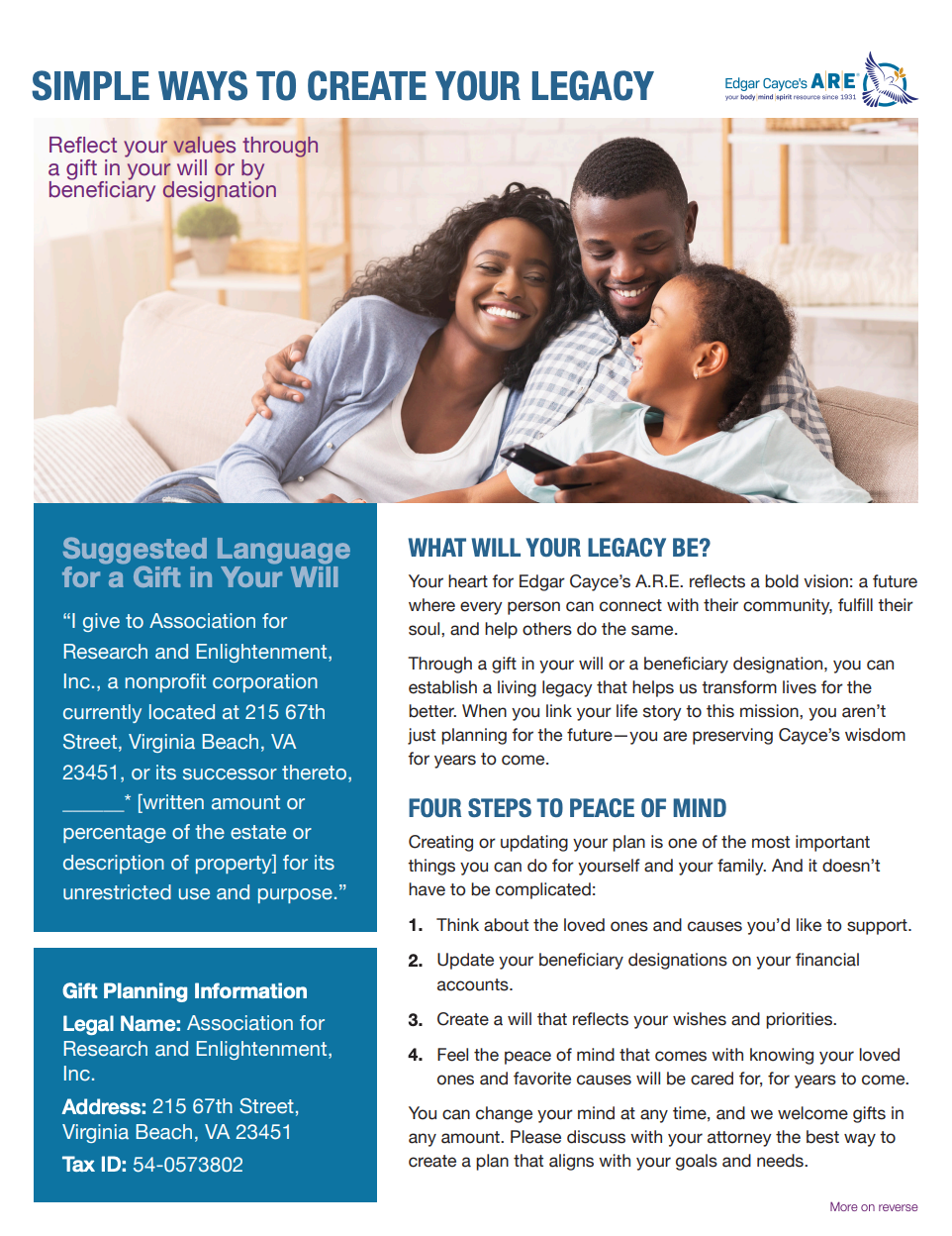 Edgar Cayce - Simple Ways to Create Your Legacy Support The Future of My Favorite Charity brochure cover